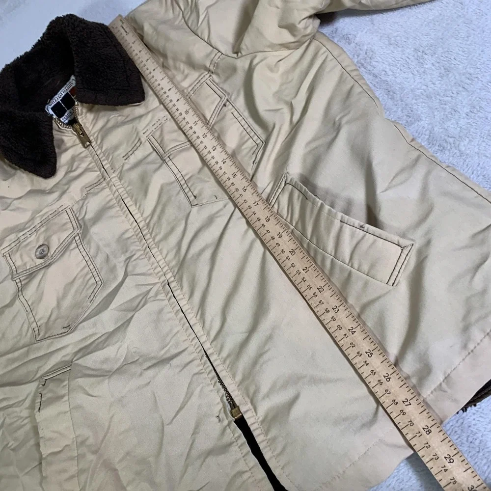 Vintage William Barry Coat Mens 44 Beige Canvas Faux Fur Lined Parka 70s USA
